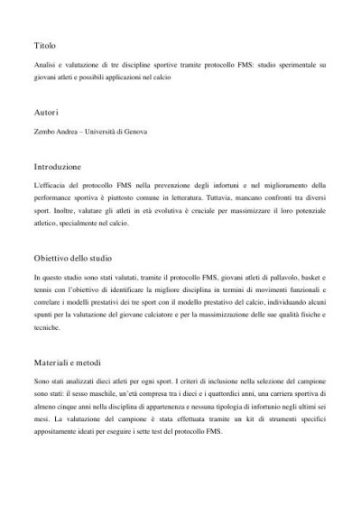 Analisi e valutazione di tre discipline sportive tramite protocollo FMS: studio sperimentale su giovani atleti e possibili applicazioni nel calcio