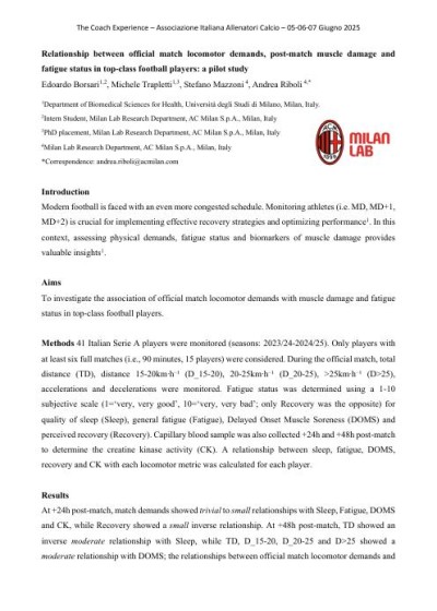 Relationship between official match locomotor demands, post-match muscle damage and fatigue status in top-class football players: a pilot study
